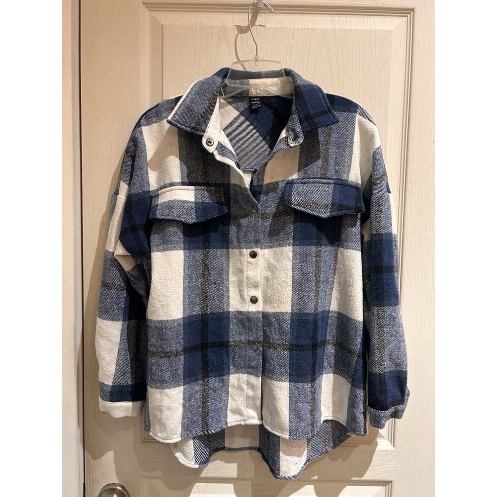 SHEIN Plaid Shacket Womens Small Blue White Flannel Button Up Shirt Jacket Cozy